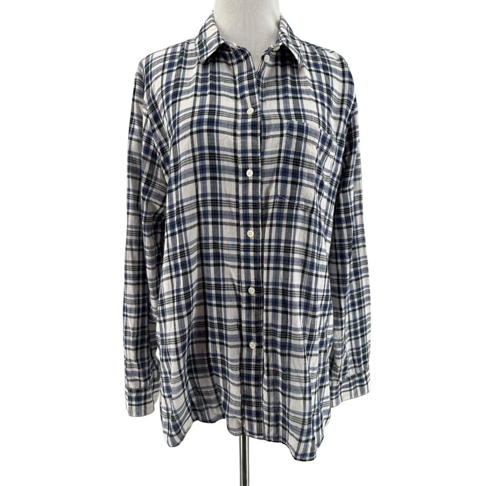 Madewell Women's White Navy‎ Plaid Cotton Slim Long Sleeve Button-Up Shirt XL